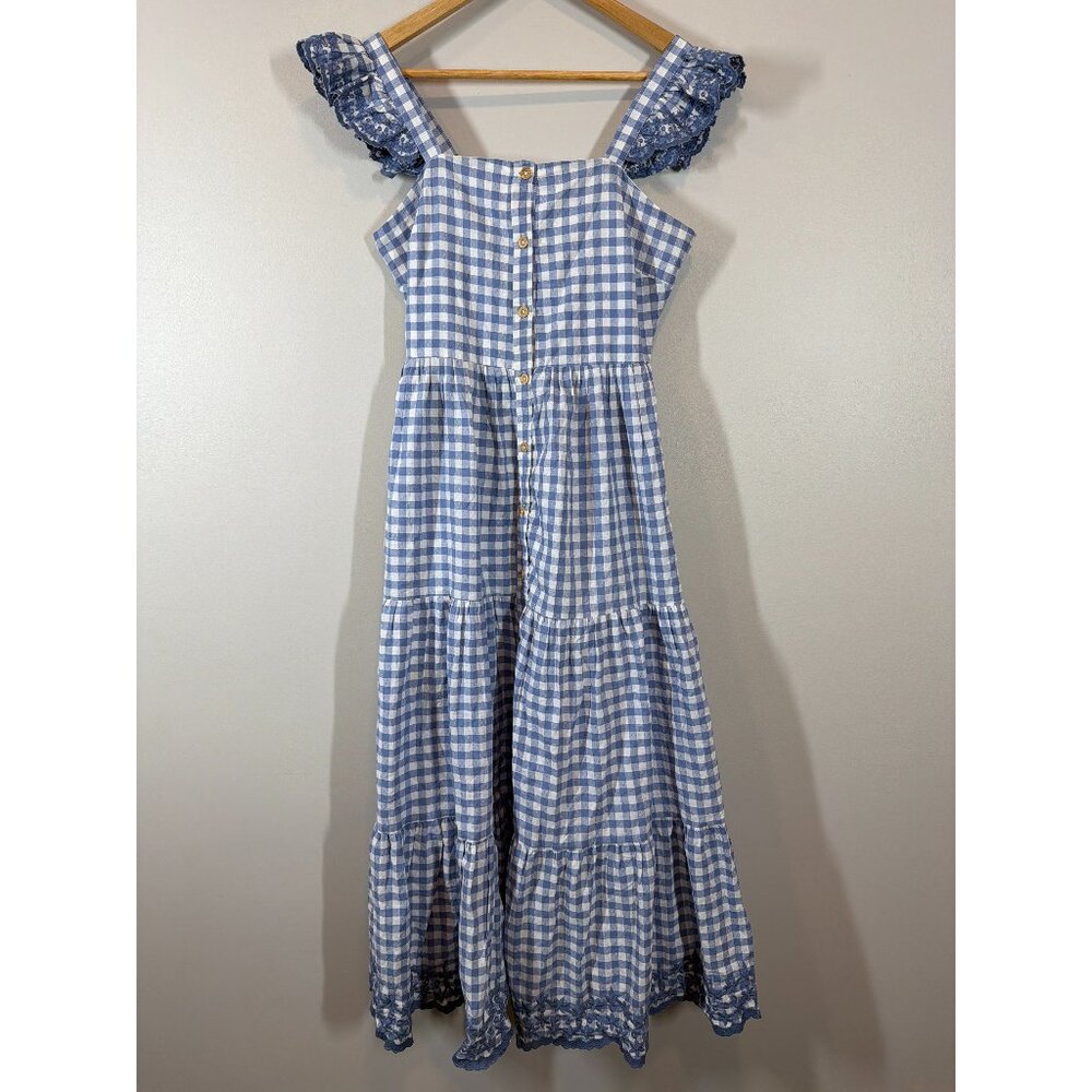 Shabby Chic Blue Checkered Dress SZ S Ruffled Sleeves Gingham Tiered Cottagecore